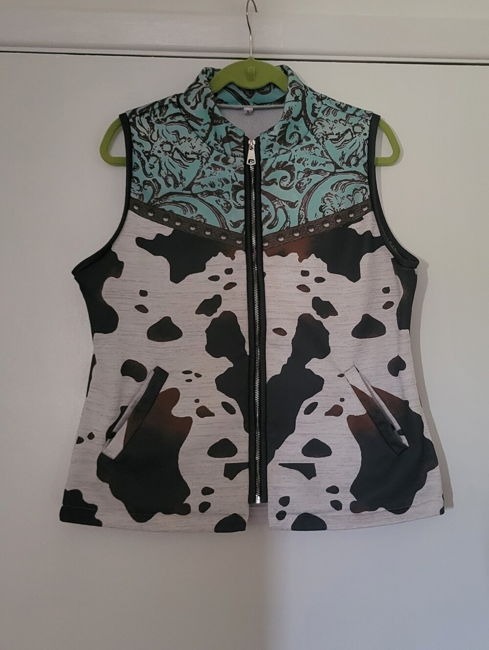 Zip-Front Cowprint Vest with Turquoise Paisley Yoke